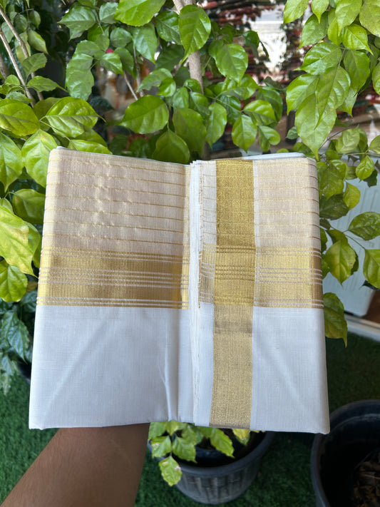 25% Discount ! KaithariKada Handloom Milpaav  Kerala Handloom - Pure Cotton Off White - (Unbleached) Double Mundu/Dhoti - 80X90 - 7 inch Gold Kasav Striped & Half Tissue Kara - 18 KK5376 RAM