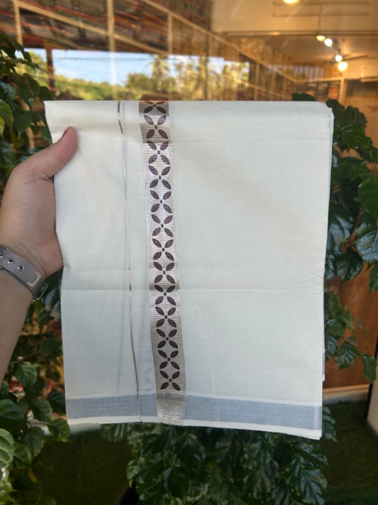 22% Discount!! KaithariKada Balaramapuram 100% Cotton Double Off White - (Ubleached) Mundu/Dhoti - 80x80 - 1 inch Silver Kasavu & Coffee Brown Printed Design Kara - 4 mtr (8 muzham)- 25 KK5253 GAN