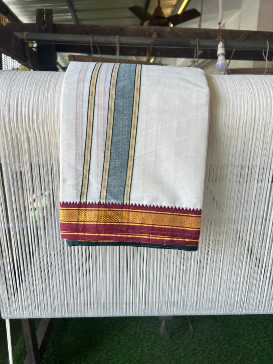 20% DISCOUNT! KaithariKada OFF WHITE (Unbleached) - Cotton Mix -80x90 thread - 80 % Cotton & 20% Polyester- NORTH INDIAN - ATTACHED GAMCHA 9X5 Dhoti - 2 inch Green & Maroon kara with Yellow border  - 104KK5227 PMC