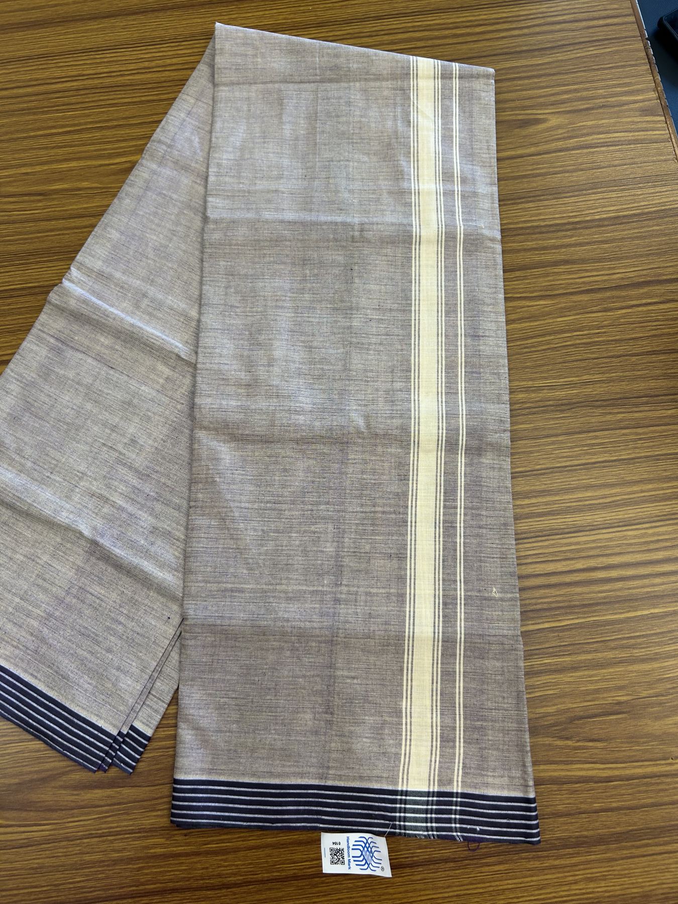 Kerala Handloom - Signature Kaitharikada - Government Sealed Hallmarked - 100% Pure Cotton 2/60x40s Thread - Single Mundu / Dhoti - 1.25 inch Cream Striped Kara with Light Purple colour Body - 20 KK8046 KAL