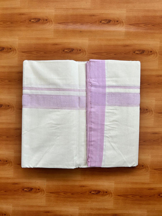 Double Off White (Unbleached) Mundu/Dhoti - 20% Discount! Kaitharikada Pure Cotton - 80x80 - 1.25 Inch Pink & Silver shaded Kara 4 mtr (8.5 muzham) - 1 KK5497 MRH