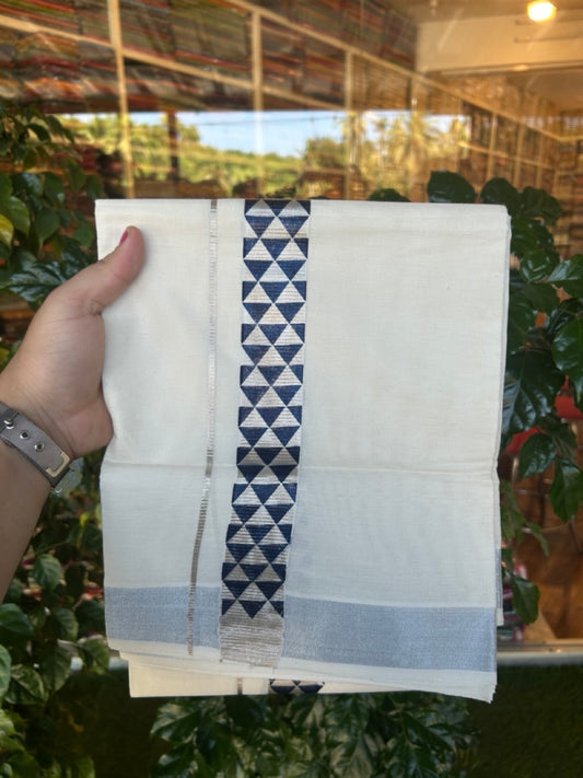 22% Discount!! KaithariKada Balaramapuram 100% Cotton Double Off White - (Ubleached) Mundu/Dhoti - 80x80 - 1.5 inch Silver Kasavu & Navy Blue Printed Design Kara - 18 KK5253 GAN