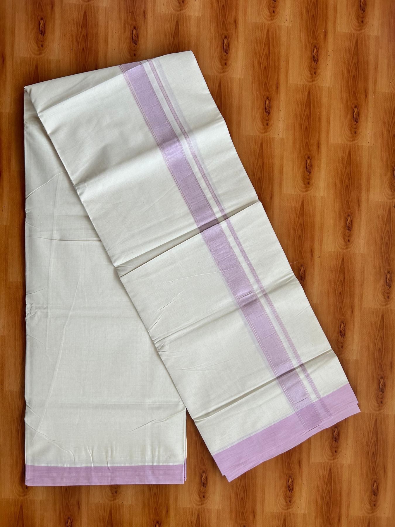 Double Off White (Unbleached) Mundu/Dhoti - 20% Discount! Kaitharikada Pure Cotton - 80x80 - 1.25 Inch Pink & Silver shaded Kara 4 mtr (8.5 muzham) - 1 KK5497 MRH