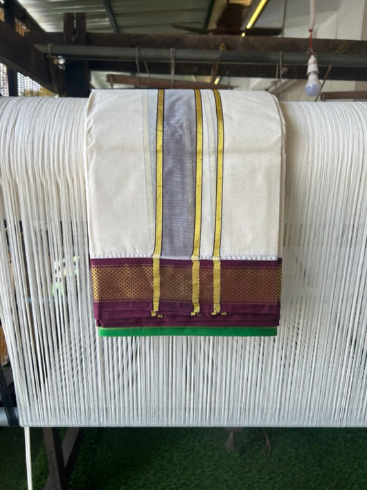 20% DISCOUNT! KaithariKada 100% Cotton OFF WHITE - (Unbleached) 100x80 thread - NORTH INDIAN- ATTACHED GAMCHA 9x5 Dhoti - 2.25 inch Brown kara with Dark Maroon & Parrot Green Kasavu border - 106KK5227 PMC