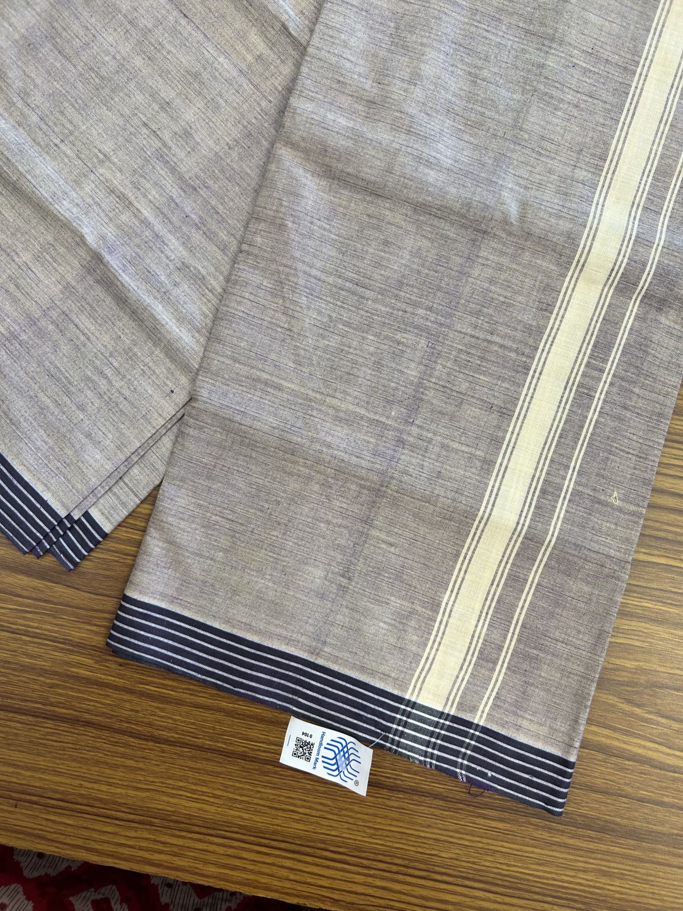 Kerala Handloom - Signature Kaitharikada - Government Sealed Hallmarked - 100% Pure Cotton 2/60x40s Thread - Single Mundu / Dhoti - 1.25 inch Cream Striped Kara with Light Purple colour Body - 20 KK8046 KAL