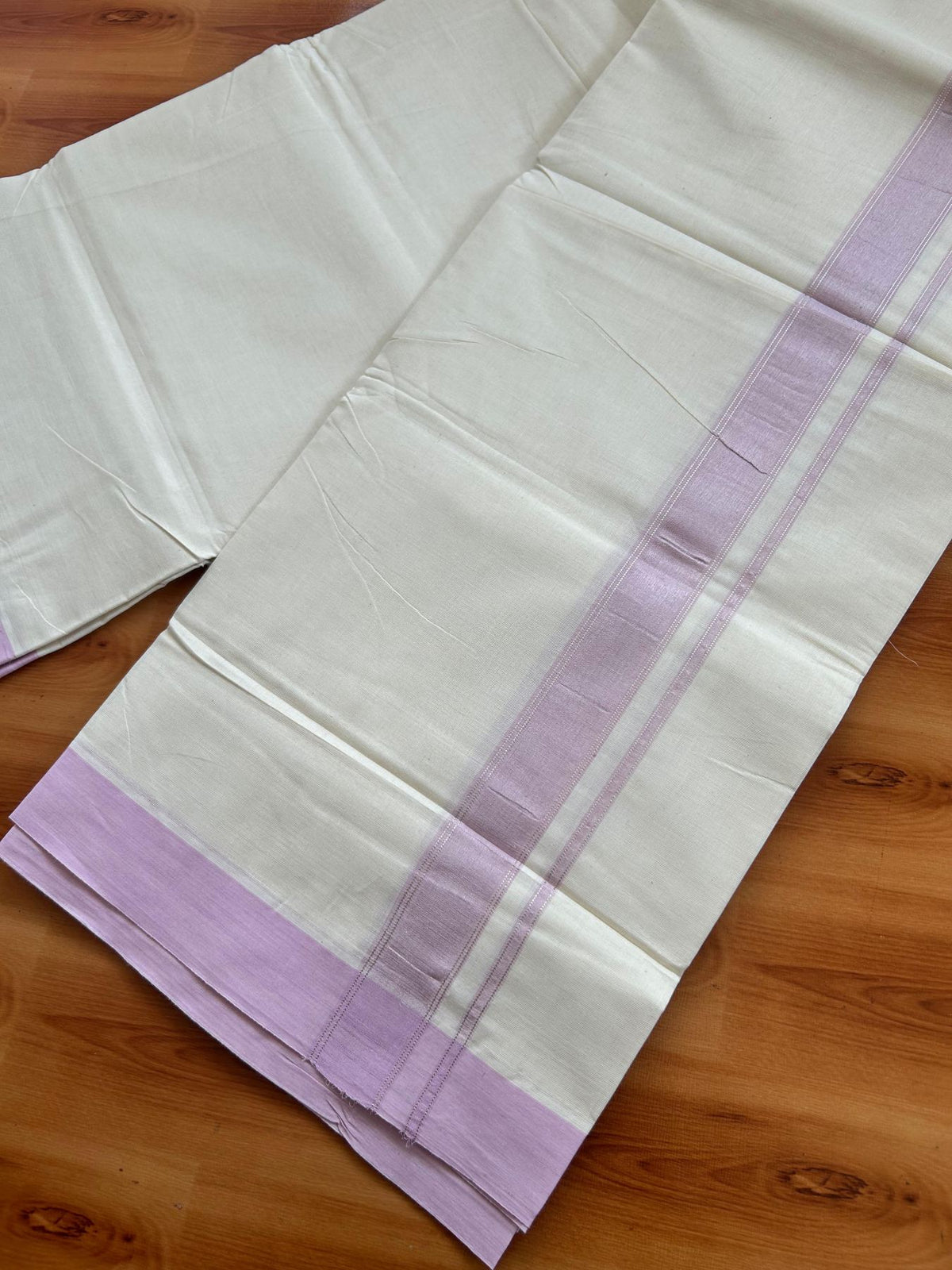 Double Off White (Unbleached) Mundu/Dhoti - 20% Discount! Kaitharikada Pure Cotton - 80x80 - 1.25 Inch Pink & Silver shaded Kara 4 mtr (8.5 muzham) - 1 KK5497 MRH