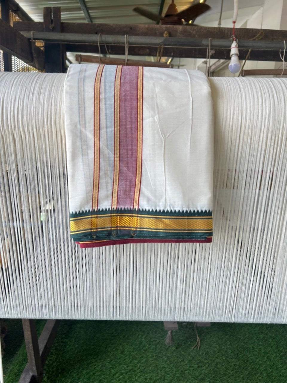20% DISCOUNT! KaithariKada OFF WHITE (Unbleached) - Cotton Mix -80x90 thread - 80 % Cotton & 20% Polyester- NORTH INDIAN - ATTACHED GAMCHA 9X5 Dhoti - 2 inch Green & Maroon kara with Yellow border  - 104KK5227 PMC