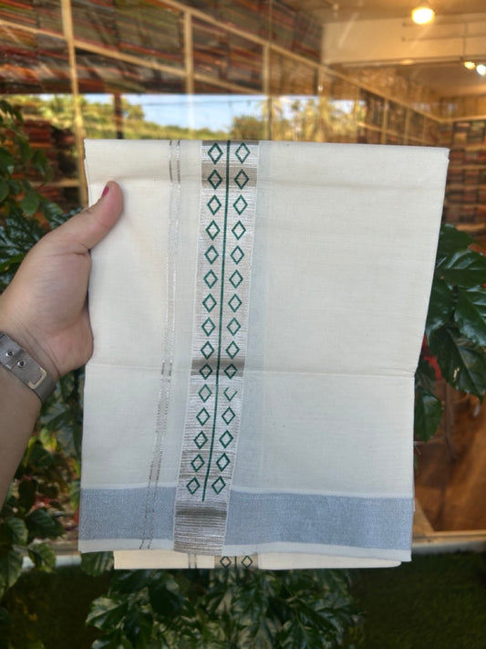 22% Discount!! KaithariKada Balaramapuram 100% Cotton Double Off White - (Ubleached) Mundu/Dhoti - 80x80 - 1.5 inch Silver Kasavu &  Green Printed Design Kara - 4 mtr (8 muzham)- 6 KK5253 GAN