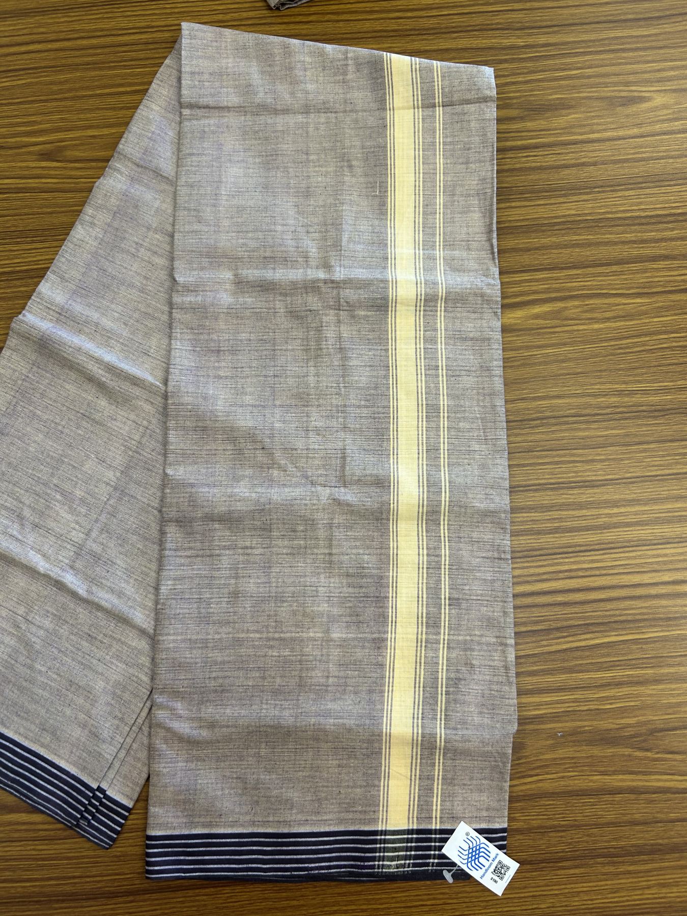 Kerala Handloom - Signature Kaitharikada - Government Sealed Hallmarked - 100% Pure Cotton 2/60x40s Thread - Single Mundu / Dhoti - 1 inch Lemon Cream Striped Kara with Purple Shaded colour Body - 21 KK8046 KAL