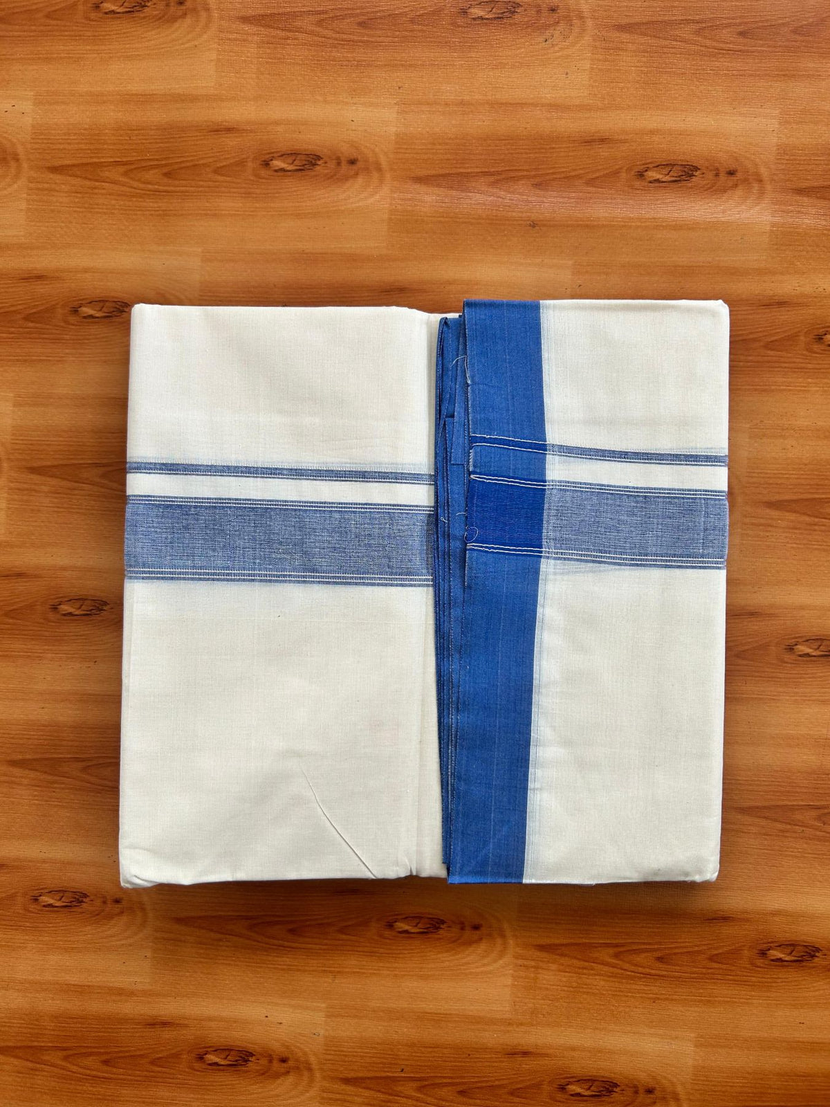 Double Off White (Unbleached) Mundu/Dhoti - 20% Discount! Kaitharikada Pure Cotton - 80x80 - 1.25 Inch Blue & Silver shaded Kara 4 mtr (8.5 muzham) - 2 KK5497 MRH