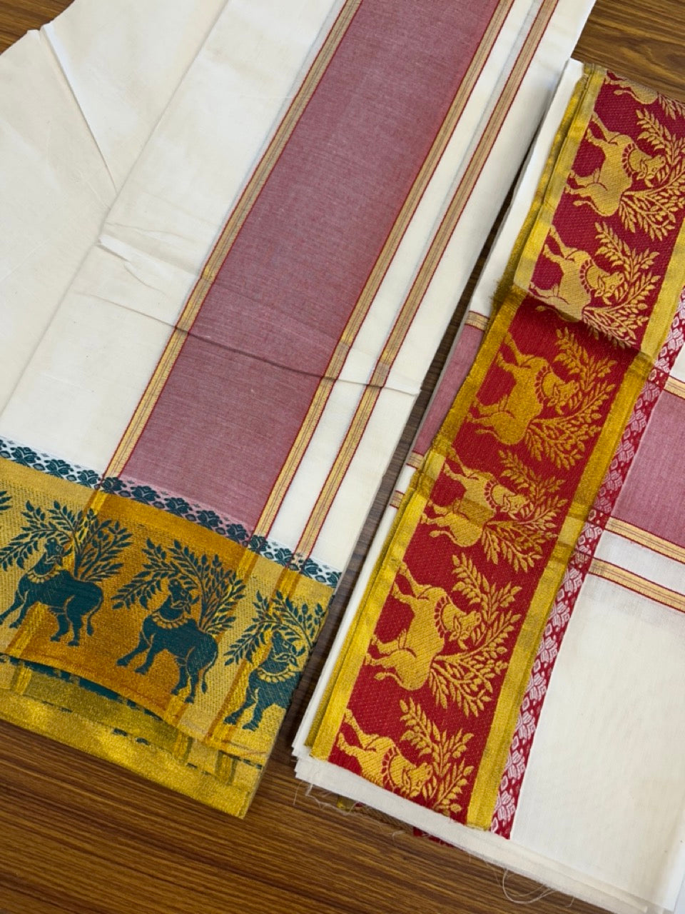 20% Discount! KaithariKada Mixed Cotton Off White - (Unbleached) 80x90 thread - North Indian - Gamcha 8x4 - 4 inch kara with Red & Green Gold Kasav Jacquard border - 9 KK5303 PMC