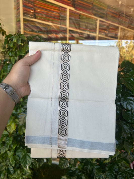 22% Discount!! KaithariKada Balaramapuram 100% Cotton Double Off White - (Ubleached) Mundu/Dhoti - 80x80 - 1 inch Silver Kasavu &  Black Printed Design Kara - 4 mtr (8 muzham) - 8 KK5253 GAN