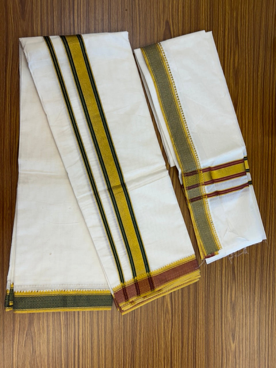 20% Discount! KaithariKada Mixed Cotton Off White - (Unbleached) 80x90 thread - North Indian - Gamcha 8x4 - 2 inch kara with Green & Maroon Gold Kasav Jacquard border - 22 KK5303 PMC