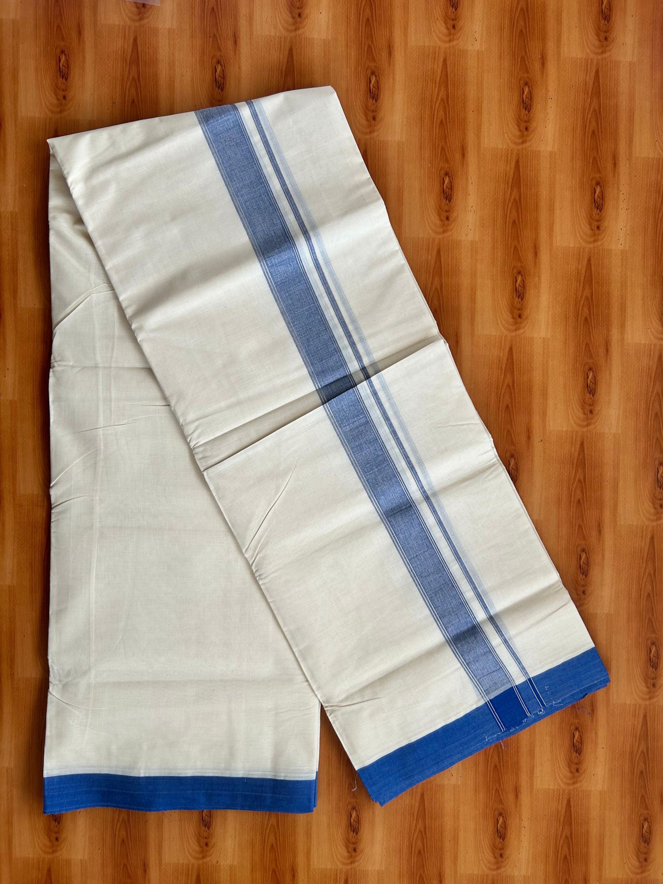 Double Off White (Unbleached) Mundu/Dhoti - 20% Discount! Kaitharikada Pure Cotton - 80x80 - 1.25 Inch Blue & Silver shaded Kara 4 mtr (8.5 muzham) - 2 KK5497 MRH