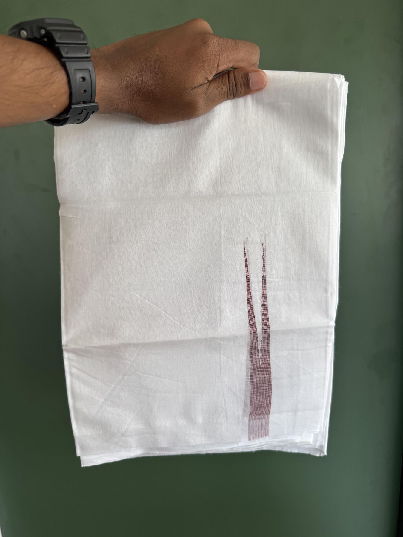Double Pure White Mundu/Dhoti - 20% Discount !! KaithariKada Balaramapuram 100% Cotton - 100x80 - 2 cm Maroon Stripes Chutty Kara 3.80 mtr (8 muzham) - 7 KK5411 CKS