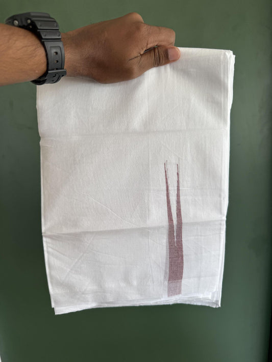 Double Pure White Mundu/Dhoti - 20% Discount !! KaithariKada Balaramapuram 100% Cotton - 100x80 - 2 cm Maroon Stripes Chutty Kara 3.80 mtr (8 muzham) - 7 KK5411 CKS