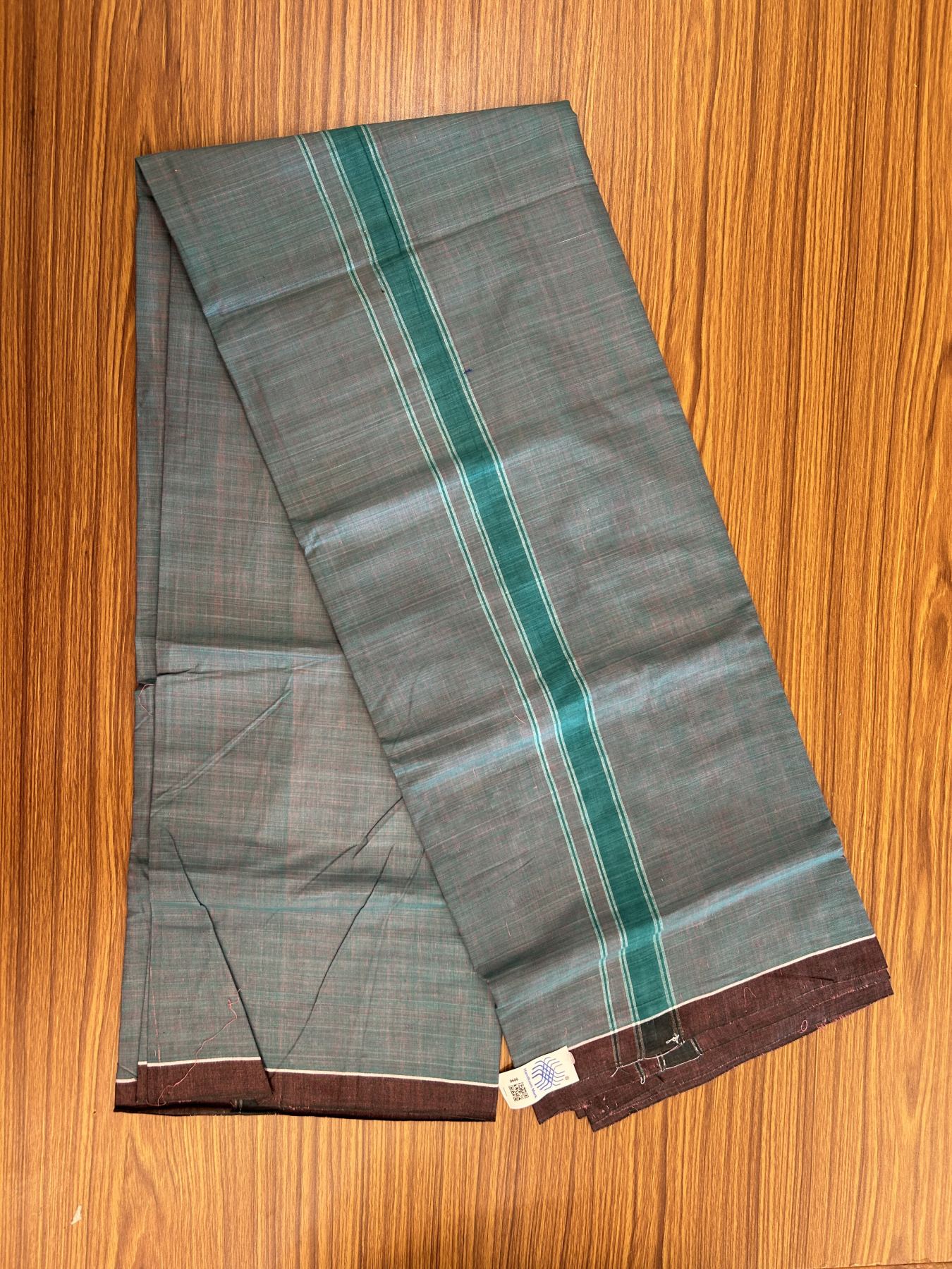 Kerala Handloom - Signature Kaitharikada - Government Sealed Hallmarked - 100% Pure Cotton 2/60x40s Thread - Single Mundu / Dhoti - 1.25 inch Peacock Green Shaded Striped Kara with Peacock Green colour Body - 14 KK8046 KAL
