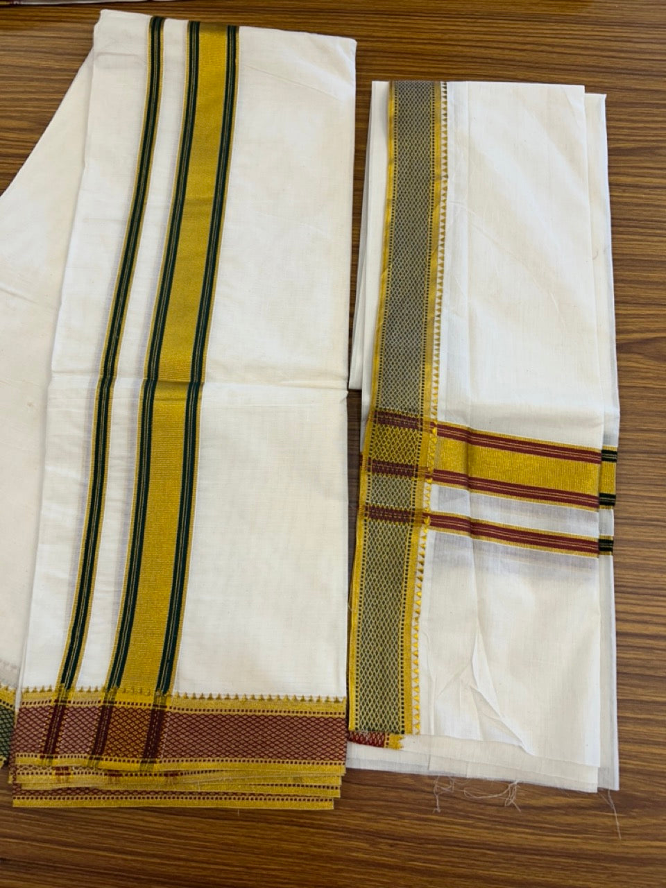 20% Discount! KaithariKada Mixed Cotton Off White - (Unbleached) 80x90 thread - North Indian - Gamcha 8x4 - 2 inch kara with Green & Maroon Gold Kasav Jacquard border - 22 KK5303 PMC