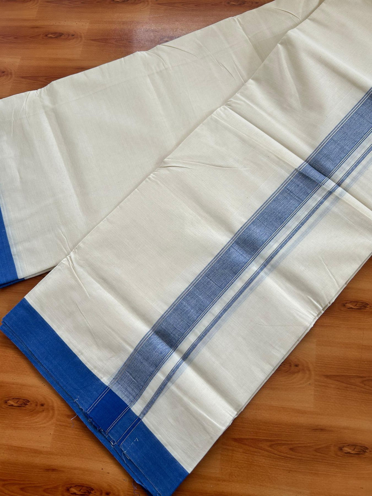 Double Off White (Unbleached) Mundu/Dhoti - 20% Discount! Kaitharikada Pure Cotton - 80x80 - 1.25 Inch Blue & Silver shaded Kara 4 mtr (8.5 muzham) - 2 KK5497 MRH