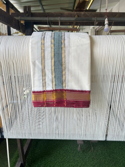 20% DISCOUNT! KaithariKada OFF WHITE (Unbleached) - Cotton Mix -80x90 thread - 80 % Cotton & 20% Polyester- NORTH INDIAN - ATTACHED GAMCHA 9X5 Dhoti 2 inch Green kara with Maroon Kasavu border  - 103KK5227 PMC