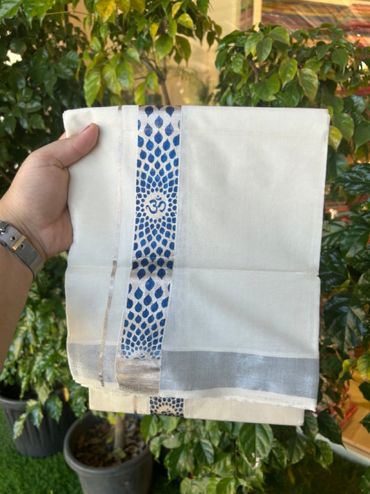 22% Discount!! KaithariKada Balaramapuram 100% Cotton Double Off White - (Ubleached) Mundu/Dhoti - 80x80 - 1.5 inch Silver Kasavu &  Blue Ohm Printed Design Kara - 4 mtr (8 muzham) - 9 KK5253 GAN