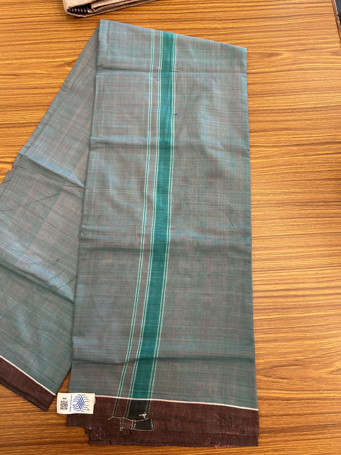 Kerala Handloom - Signature Kaitharikada - Government Sealed Hallmarked - 100% Pure Cotton 2/60x40s Thread - Single Mundu / Dhoti - 1.25 inch Peacock Green Shaded Striped Kara with Peacock Green colour Body - 14 KK8046 KAL
