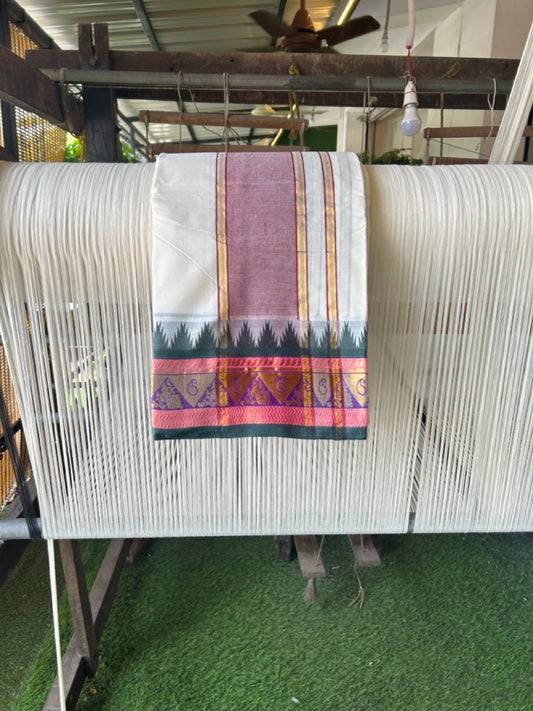 20% DISCOUNT! KaithariKada OFF WHITE - (Unbleached) -Cotton Mix - 80x90 - 80 % Cotton & 20% Polyester- NORTH INDIAN -  ATTACHED GAMCHA  - 9X5 Dhoti 4.75 inch Maroon kara with Dark Green , Peach ,Violet & Sky Blue Gold Kasavu Design border - 102KK227 PMC