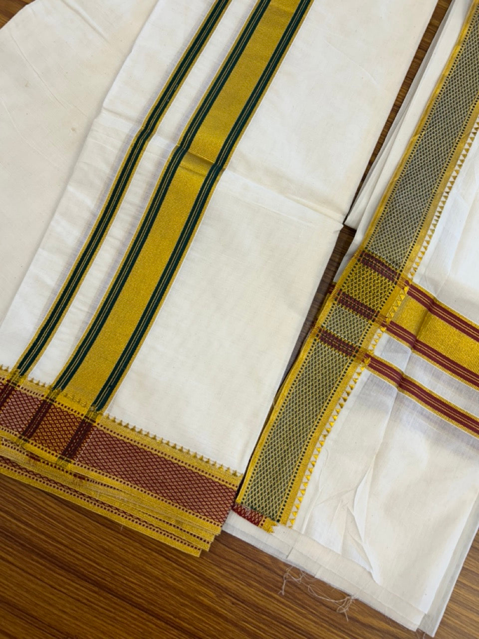 20% Discount! KaithariKada Mixed Cotton Off White - (Unbleached) 80x90 thread - North Indian - Gamcha 8x4 - 2 inch kara with Green & Maroon Gold Kasav Jacquard border - 22 KK5303 PMC