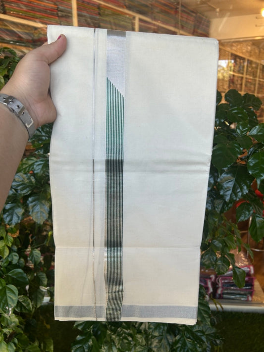 22% Discount!! KaithariKada Balaramapuram 100% Cotton Double Off White - (Ubleached) Mundu/Dhoti - 80x80 - 1 inch Silver Kasavu & Green striped One side chutty Printed Kara - 4 mtr (8 muzham) - 12 KK5253 GAN
