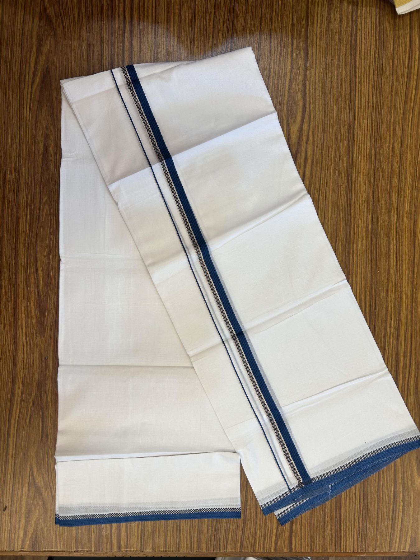 20% Discount!! Kaitharikada Balaramapuram 100% Pure Cotton Pure White Double Mundu/Dothi - 100x80 - 1.5 cm Silver Kasav Black & Blue Design Striped Kara - 3.90 m (8 muzham) - 48 KK5356 VAS