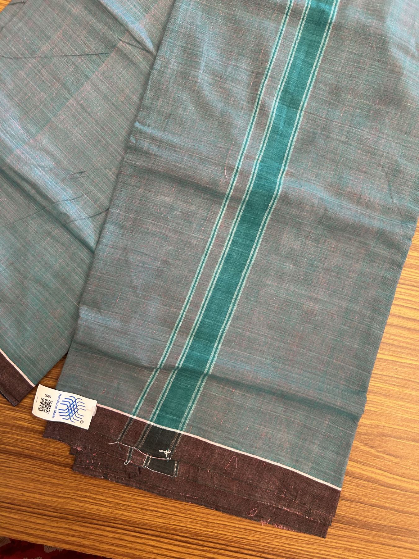 Kerala Handloom - Signature Kaitharikada - Government Sealed Hallmarked - 100% Pure Cotton 2/60x40s Thread - Single Mundu / Dhoti - 1.25 inch Peacock Green Shaded Striped Kara with Peacock Green colour Body - 14 KK8046 KAL
