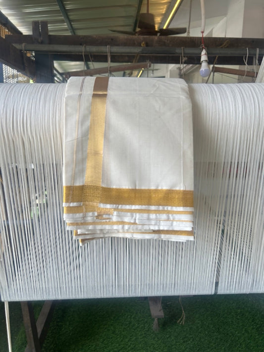 20% DISCOUNT! Kaitharikada Balaramapuram 100% PURE COTTON - OFF White (Unbleached) - (100x80)s - NORTH INDIAN ATTACHED GAMCHA 9X5 Dhoti - Gold Kasavu 1.25 inch Kara - 101KK5227 PMC