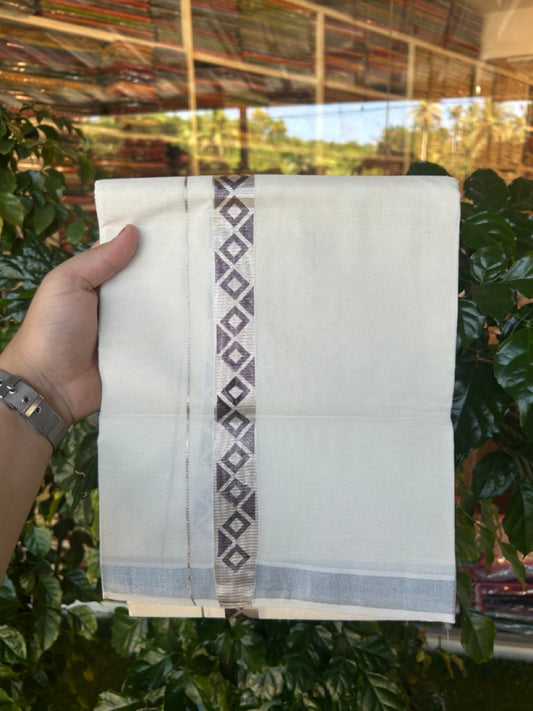 22% Discount!! KaithariKada Balaramapuram 100% Cotton Double Off White - (Ubleached) Mundu/Dhoti - 80x80 - 1 inch Silver Kasavu & Coffee Brown Printed Design Kara - 4 mtr (8 muzham)- 23 KK5253 GAN