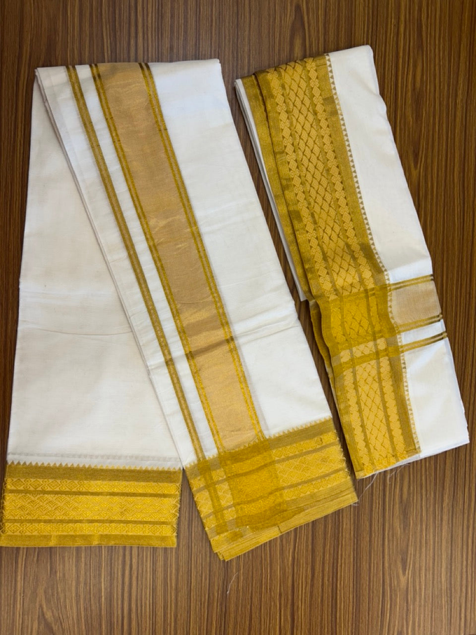 20% Discount! KaithariKada Mixed Cotton Off White - (Unbleached) 80x90 thread - North Indian - Gamcha 8x4 - 4 inch kara with Gold Kasav Jacquard border - 11 KK5303 PMC