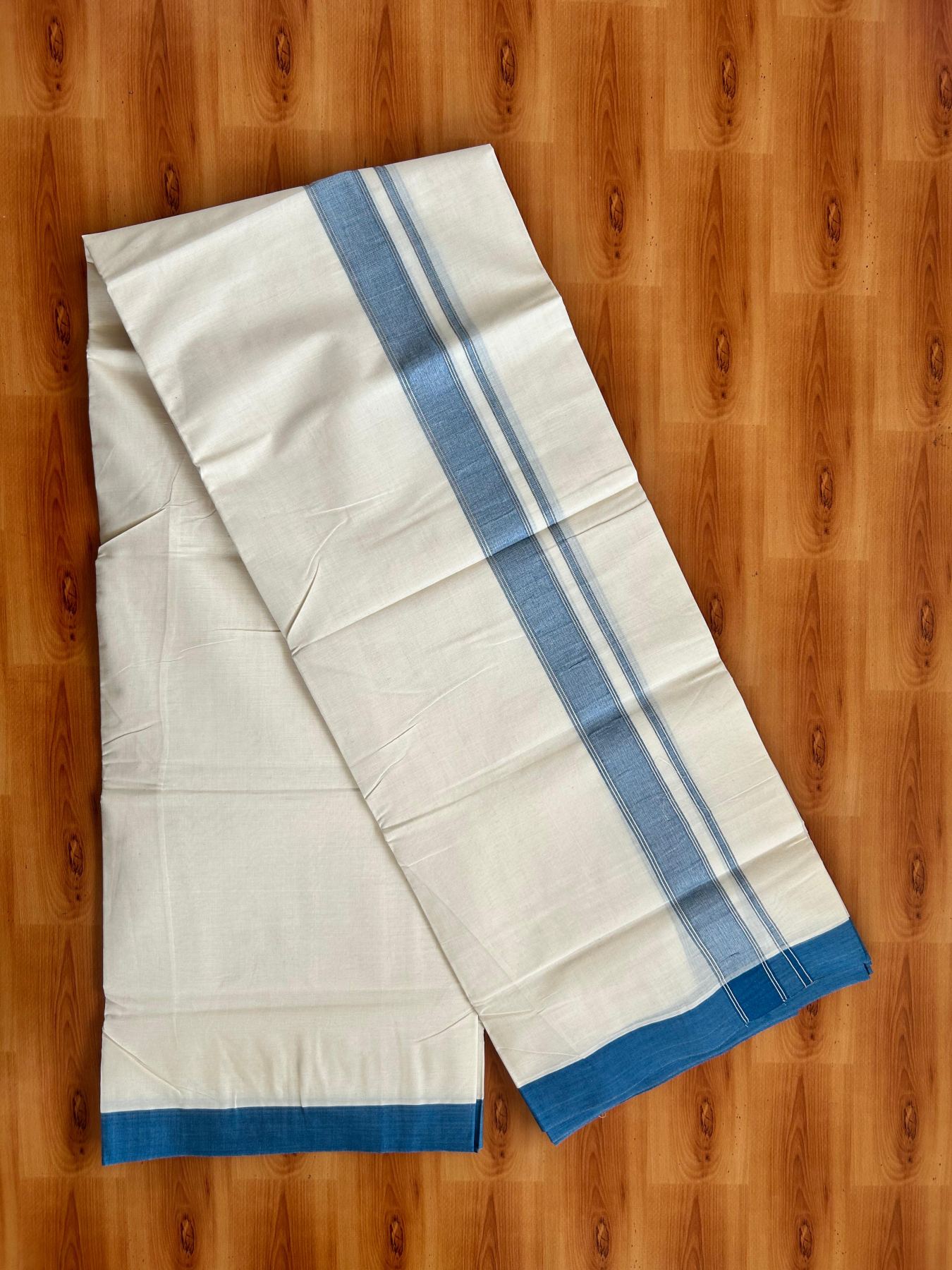 Double Off White (Unbleached) Mundu/Dhoti - 20% Discount! Kaitharikada Pure Cotton - 80x80 - 1.25 Inch Peacock Blue & Silver shaded Kara 4 mtr (8.5 muzham) - 3 KK5497 MRH