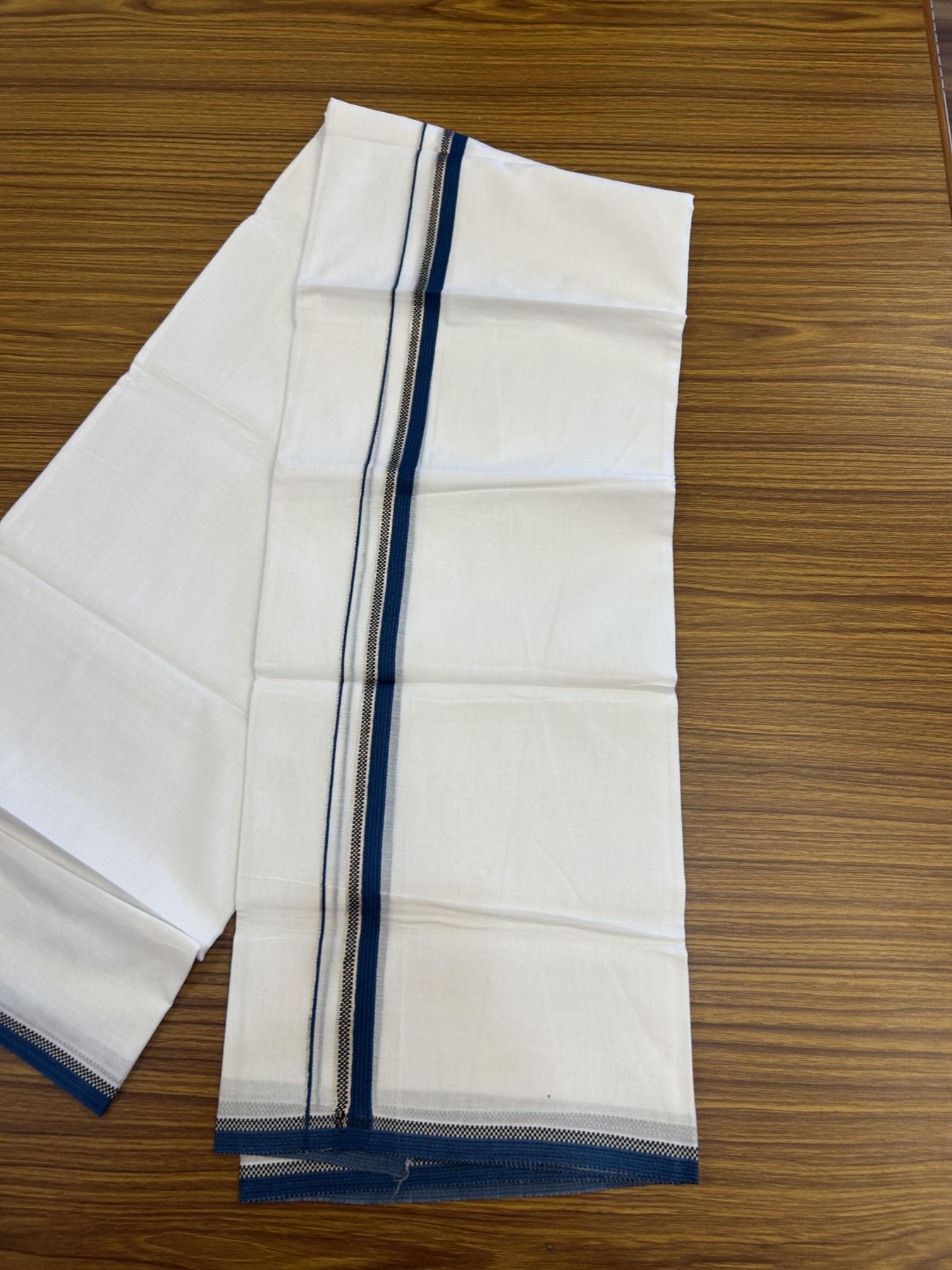 20% Discount!! Kaitharikada Balaramapuram 100% Pure Cotton Pure White Double Mundu/Dothi - 100x80 - 1.5 cm Silver Kasav Black & Blue Design Striped Kara - 3.90 m (8 muzham) - 48 KK5356 VAS