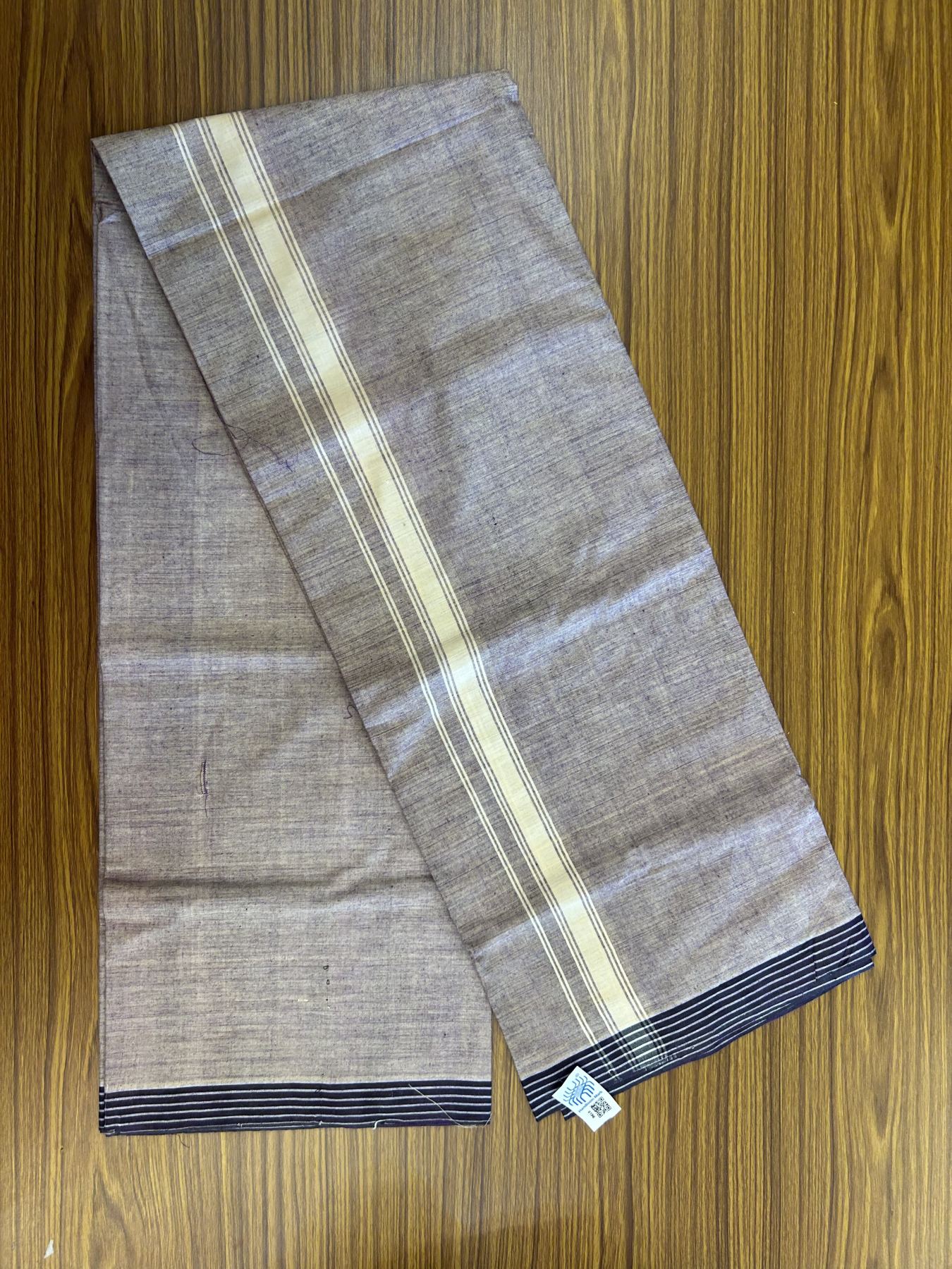 Kerala Handloom - Signature Kaitharikada - Government Sealed Hallmarked - 100% Pure Cotton 2/60x40s Thread - Single Mundu / Dhoti - 1 inch Lemon Cream Striped Kara with Purple Shaded colour Body - 22 KK8046 KAL