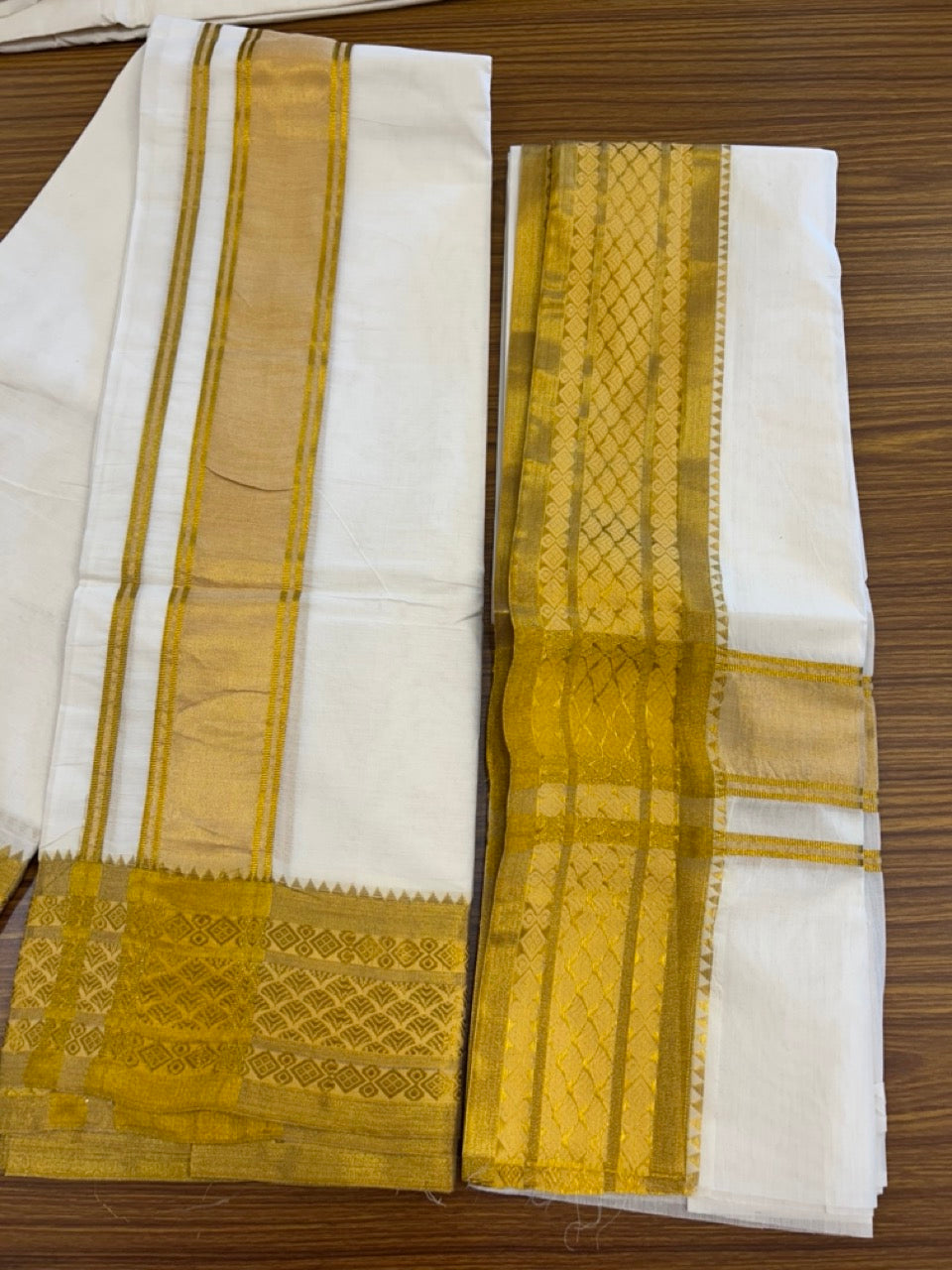 20% Discount! KaithariKada Mixed Cotton Off White - (Unbleached) 80x90 thread - North Indian - Gamcha 8x4 - 4 inch kara with Gold Kasav Jacquard border - 11 KK5303 PMC
