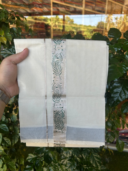 22% Discount!! KaithariKada Balaramapuram 100% Cotton Double Off White - (Ubleached) Mundu/Dhoti - 80x80 - 1.5 inch Silver Kasavu & Green Peacock Feather Printed Design Kara - 22 KK5253 GAN
