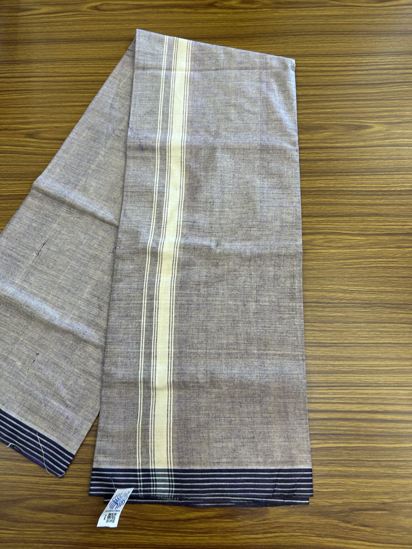 Kerala Handloom - Signature Kaitharikada - Government Sealed Hallmarked - 100% Pure Cotton 2/60x40s Thread - Single Mundu / Dhoti - 1 inch Lemon Cream Striped Kara with Purple Shaded colour Body - 22 KK8046 KAL