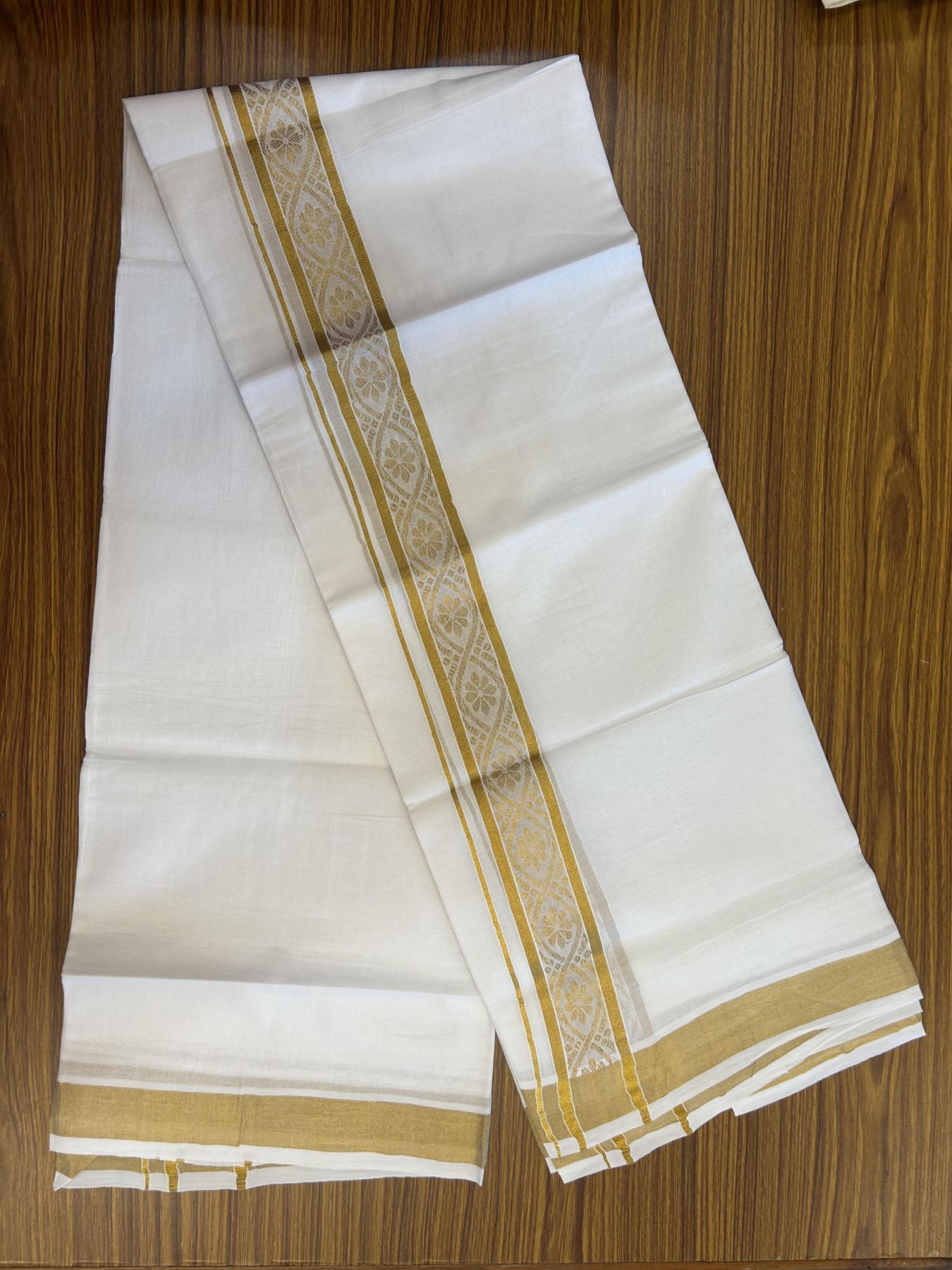 20% Discount!! Kaitharikada Balaramapuram 100% Pure Cotton Pure White Double Mundu/Dothi - 100x80 - 1.75 inch Gold Kasav Jacquard Design Kara - 3.90 m (8 muzham) - 49 KK5356 VAS