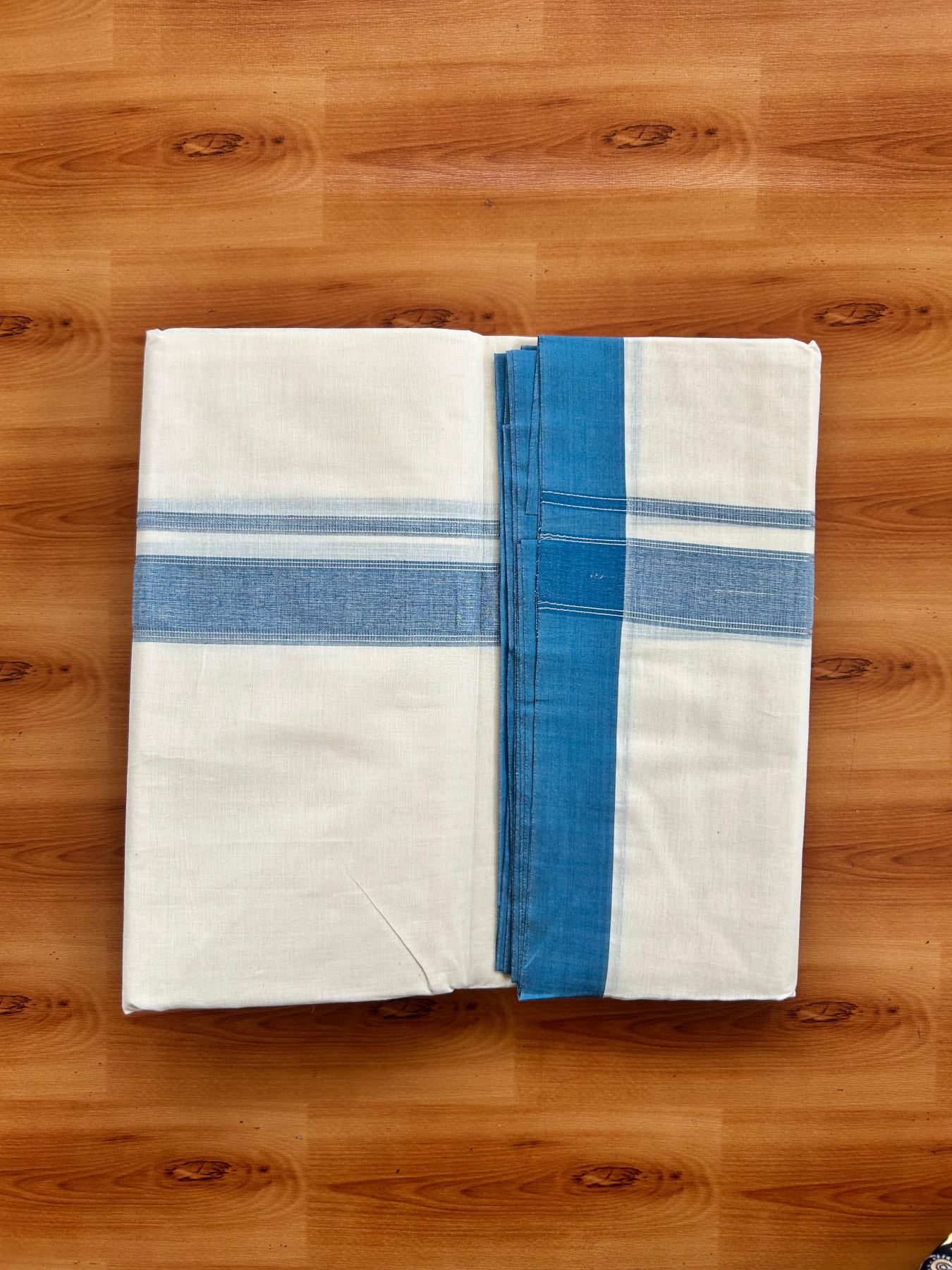 Double Off White (Unbleached) Mundu/Dhoti - 20% Discount! Kaitharikada Pure Cotton - 80x80 - 1.25 Inch Light Peacock Blue & Silver shaded Kara 4 mtr (8.5 muzham) - 4 KK5497 MRH