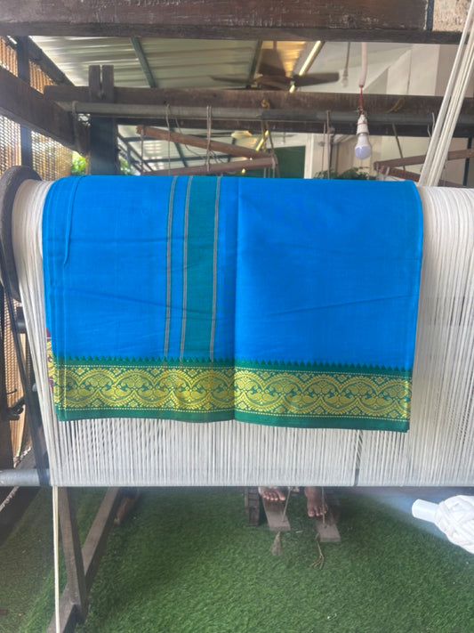 20% Discount! KaithariKada - Cotton Mix - 80x90 thread - 80 % Cotton & 20% Polyester- NORTH INDIAN - ATTACHED GAMCHA 9X5 Dhoti -3.5 inch Gold Kasavu Dark Green & Maroon Design Border with Blue Colour body - 113KK5227 PMC