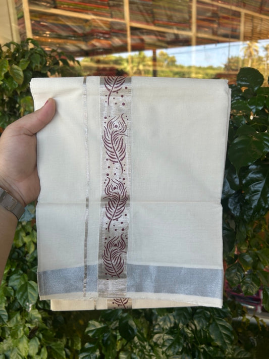 22% Discount!! KaithariKada Balaramapuram 100% Cotton Double Off White - (Ubleached) Mundu/Dhoti - 80x80 - 1.5 inch Silver Kasavu & Maroon Peacock Feather Printed Design Kara - 20 KK5253 GAN