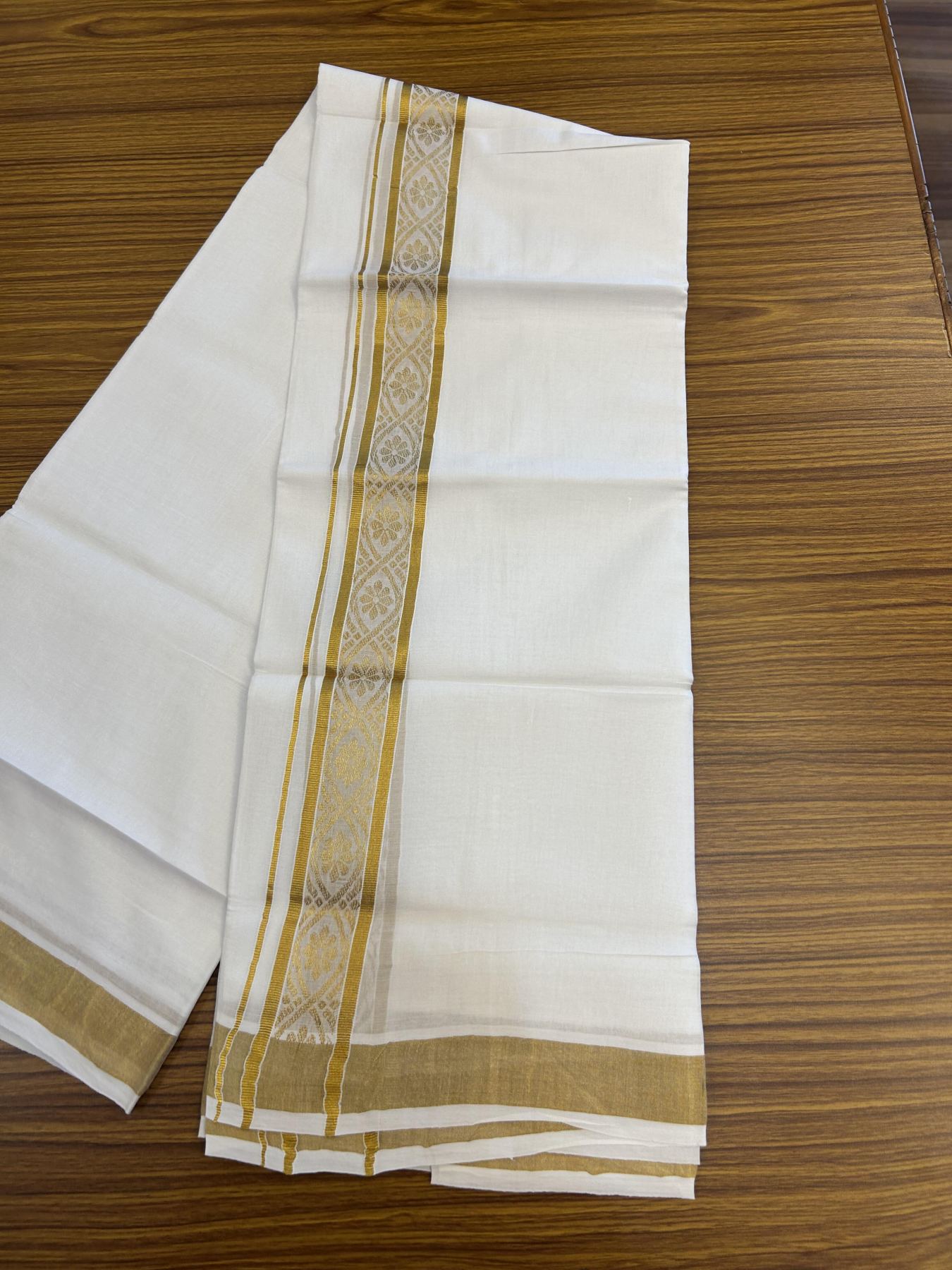 20% Discount!! Kaitharikada Balaramapuram 100% Pure Cotton Pure White Double Mundu/Dothi - 100x80 - 1.75 inch Gold Kasav Jacquard Design Kara - 3.90 m (8 muzham) - 49 KK5356 VAS