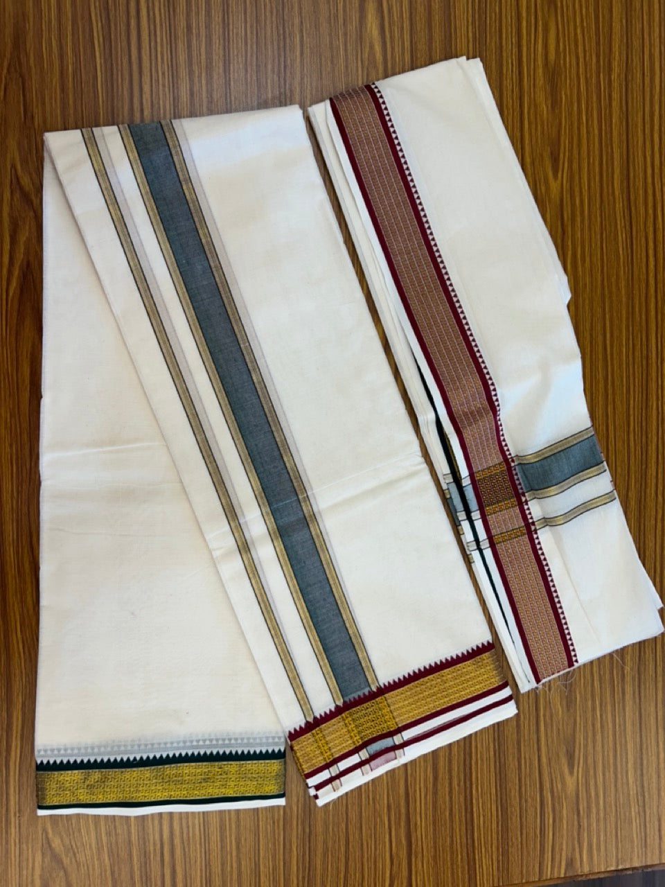 20% Discount! KaithariKada Mixed Cotton Off White - (Unbleached) 80x90 thread - North Indian - Gamcha 8x4 - 2 inch kara with Green & Maroon Gold Kasav Jacquard border - 17 KK5303 PMC
