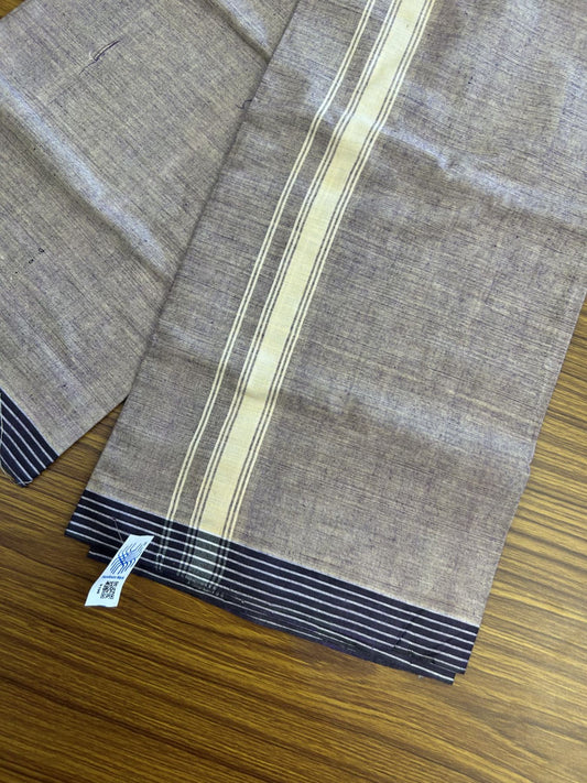 Kerala Handloom - Signature Kaitharikada - Government Sealed Hallmarked - 100% Pure Cotton 2/60x40s Thread - Single Mundu / Dhoti - 1 inch Lemon Cream Striped Kara with Purple Shaded colour Body - 22 KK8046 KAL