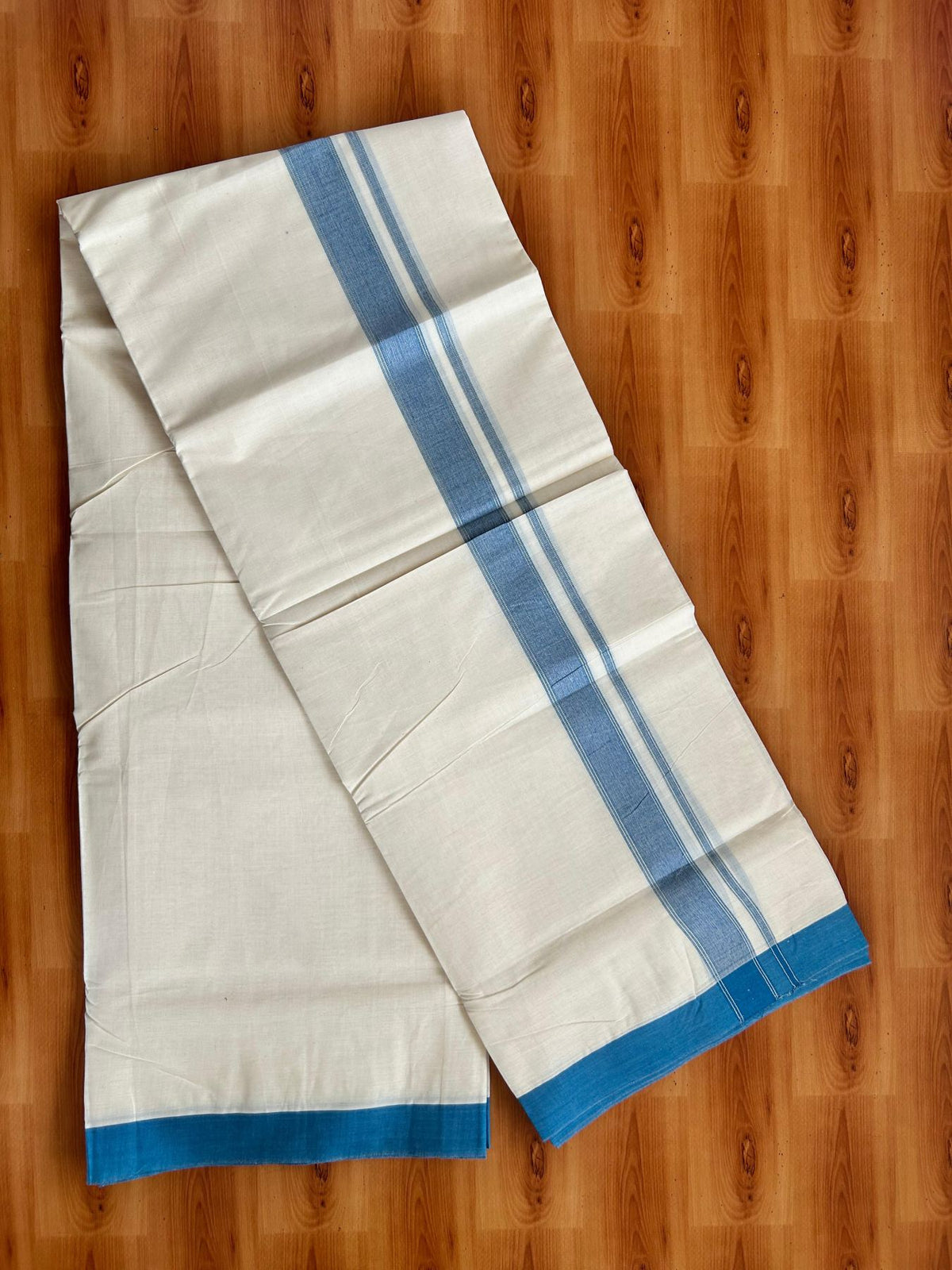 Double Off White (Unbleached) Mundu/Dhoti - 20% Discount! Kaitharikada Pure Cotton - 80x80 - 1.25 Inch Light Peacock Blue & Silver shaded Kara 4 mtr (8.5 muzham) - 4 KK5497 MRH