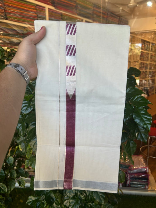 22% Discount!! KaithariKada Balaramapuram 100% Cotton Double Off White - (Ubleached) Mundu/Dhoti - 80x80 - 1 inch Silver Kasavu & Wine Purple One side chutty Printed Design Kara - 4 mtr (8 muzham) - 11 KK5253 GAN