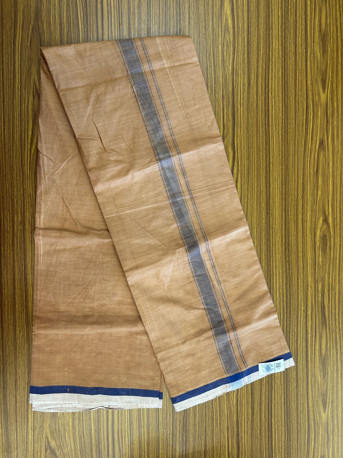 Kerala Handloom - Signature Kaitharikada - Government Sealed Hallmarked - 100% Pure Cotton 2/60x40s Thread - Single Mundu / Dhoti - 1 inch Blue Shaded Striped Kara with Kavi colour Body - 24 KK8046 KAL